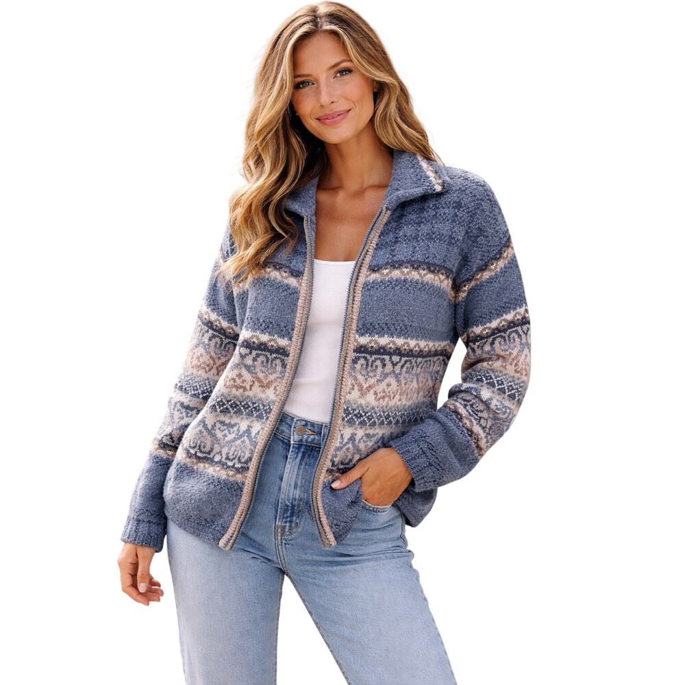 Vintage Tiara International Blue Fair Isle Nordic Full Zip Cardigan Sweater